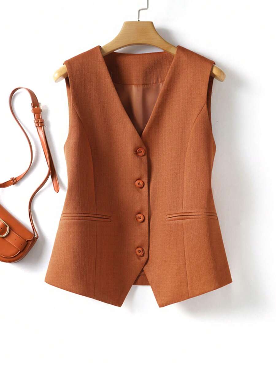 Áo khoác vest không tay cổ chữ V cài một hàng khuy thời trang dành cho nữ mùa xuân/thu. - trái cam - Xem 1