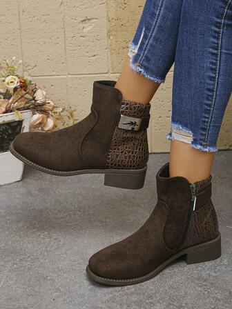 Plus Size Women's Ankle Boots, New Autumn/Winter Fashion Brown Suede Patchwork Crocodile Pattern Suede Side Zipper Square Toe Chunky Heel Chelsea Boots, Comfortable Casual Daily Wear Work Versatile Low Heel Short Shaft Boots