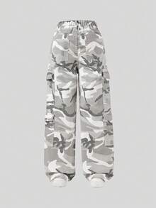 Girls' Y2K Casual Multi-Pocket Drawstring Waist Loose Camo Print Cargo Pants, Suitable For School, Campus, University - Grey - View 2