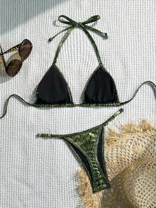 Snake Skin Sexy Backless Lace-Up Thong Bikini Bottoms, Summer Beach Vacation - Green - View 2