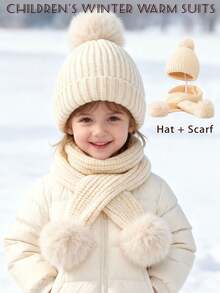 1 Set Kids Solid Color Thickened Knit Beanie Hat And Scarf, Unisex Autumn/Winter - Pom-pom Scarf + Solid Color Beanie - View 4