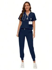Surgical Uniforms Woman Scrub Set Nurse Beauty Salon Workwear Clinical Scrubs Top Pants Sets Spa Doctor Nursing Clinical Suit - Màu xanh hải quân - Xem 3
