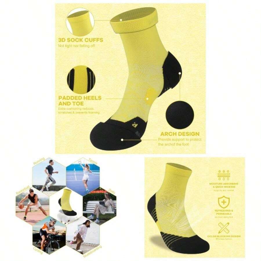 Cycling Socks Men Women, Bright Crew Socks Running Socks Tennis Athletic Socks Youth - One Size + 1 Pair Yellow - View 1