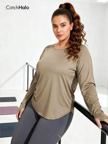 大码女式长袖运动上衣，带拇指孔，宽松透气吸湿排汗运动T恤 - 卡其色 - 查看 9
