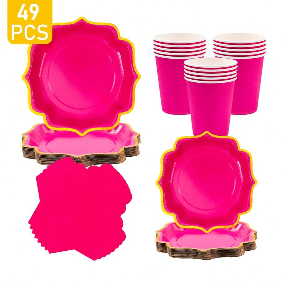 Rose Red & Gold Edged Petal Shaped Disposable Plate, Napkin & Cup Set, Serves 8 Guests, Suitable For Birthday, Wedding, Party, Family Picnic - Multicolor - View 1