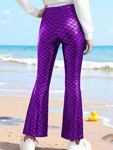 Girls' Halloween Fish Scale Flare Pants, High Waist Wide Leg Trousers For Toddlers And Young Children, Scale Print Long Pants For Party, Holiday Gift, Fashionable And Comfortable - Purple - View 4