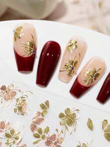 FULL BEAUTY 2片金色/玫瑰金金属叶子和樱花花瓣美甲贴纸，DIY美甲饰品，婚礼美甲装饰，春季美甲配件 - 彩色 - 查看 3