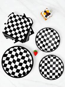 8件套黑白格纹弧形一次性餐盘和餐巾纸套装，适合8位客人使用，一次性纸盘，派对餐具，适用于生日、婚礼、主题派对、家庭野餐等场合。 - 彩色 - 查看 4