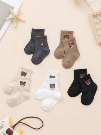 5 Pairs Of Solid Color Baby Socks With Teddy Bear Pattern, Suitable For Both Male And Female Babies, Comfortable Socks For Newborns, Cute Black And White Baby Socks, Suitable For Daily Wear And All Seasons Of Spring, Summer, Autumn, Winter, Christmas, And New Year