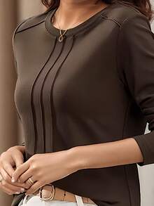 女士褶皱圆领衬衫，百搭休闲上衣，修身设计，适合秋冬春季穿着 - 咖啡棕 - 查看 3