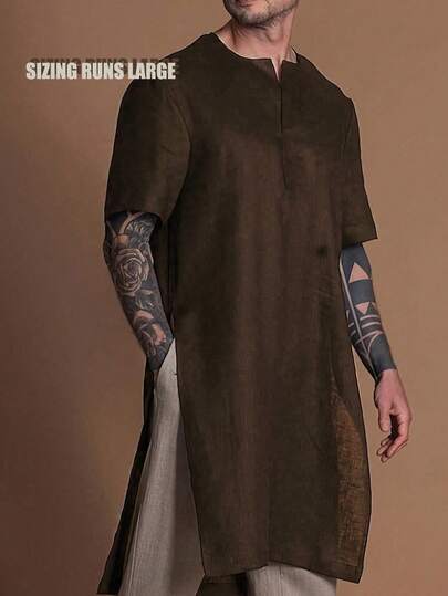 GOLDREDY 男士休闲时尚长款T恤，纯色，柔软梭织面料，简约宽松版型，透气舒适，适合外出、户外活动、通勤等场合，百搭时尚，男士必备单品，斋月短袖长袍