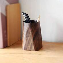 Wood Pen Holder Desk, Pencil Cup Whole Piece Black Walnut Wooden Organizer Caddy Stand - Brown - View 5