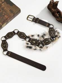 Y2K Bohemian Style Belt, Coffee Fuzzy Retro Matching Oval Belt, Animal Party Street Elegant Versatile All Season - Coffee - View 5