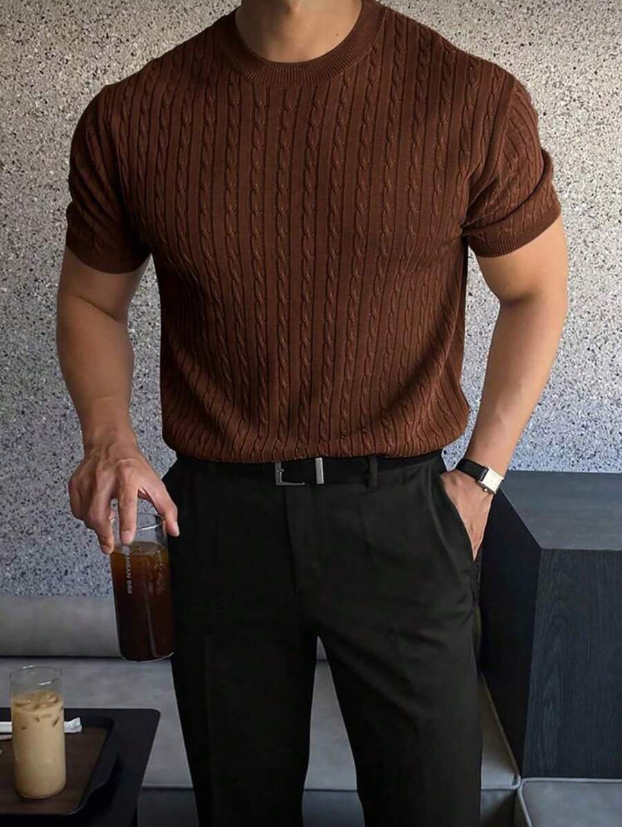 Men's Casual Short-Sleeve Solid Color Knit Top - Marrón - Ver 1