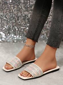 Sandale de plajă cu strasuri, papuci de plajă ușori, stil coreean, de lux, pentru femei, sandale de vară, casual, antiderapante, mărime extra mare, sclipici, la modă pentru interior și exterior - Bej - Vizualizare 4