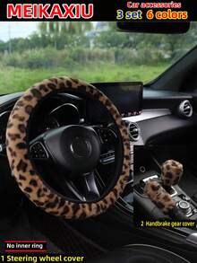 MEIKAXIU Winter Plush Rabbit Fur Coffee, Pink, Gray, White, Purple, Leopard Print Car Accessories Set, Including Steering Wheel Cover, Handbrake Cover, Gear Shift Cover, Armrest Pad, Headrest Cover, Handgrip Cover, Shoulder Pad, Suitable For Women - Leopard Print Plush - View 19