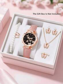 6/5件套女孩时尚优雅蝴蝶图案表盘石英表，适合女孩佩戴，可搭配蝴蝶饰品手链、项链、戒指、耳环套装，是送给女孩的生日/节日礼物，也非常适合返校、聚会、旅行等日常生活场合。毕业季、情人节和圣诞节送给女孩的完美礼物。 - 彩色 - 查看 3