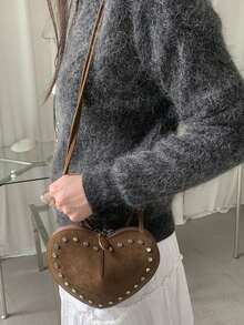 Commuting Fashionable Versatile Rivet Heart Faux Suede Retro Eye-Catching Rivet Design Faux Suede Heart Shoulder Crossbody Bag, Women Street Fashion Handbag - Brown - View 6