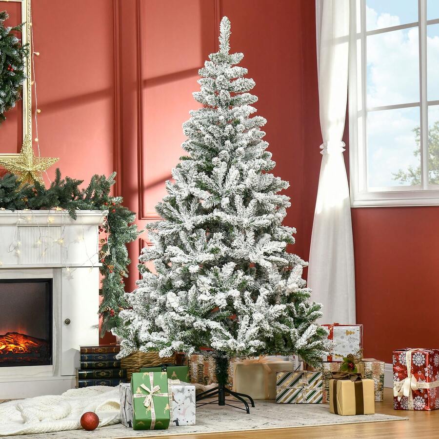 HOMCOM Artificial Christmas Tree, Snow Effect, Flame Retardant, Hinged Construction, Green/White - Silver - View 1