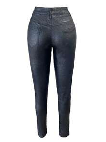 Apperloth A 街頭高腰斜口袋閃亮PU皮革彈性修身緊身褲，休閒經典長褲 - 黑色 - 查看 2