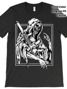 Camiseta de Cuello Redondo de Algodón Puro para Hombre, Estilo Casual, Ajuste Regular, Manga Corta, Tejido de Punto con Estiramiento Medio, Color Sólido con Calcomanía de Calavera y Pistola, 180g/² - Negra, Camiseta Casual| Camisa con estampado de calavera| Camiseta de punto - Negro - Ver 1