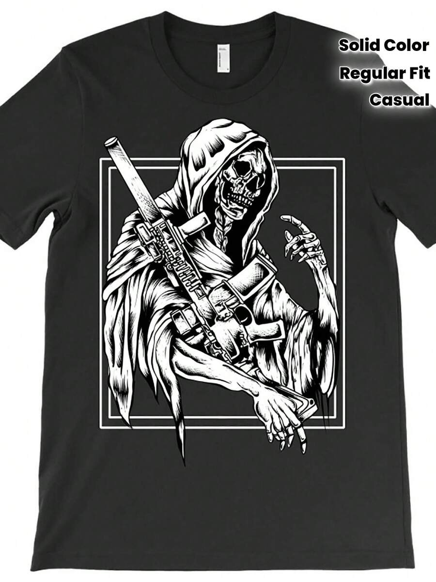 Camiseta de Cuello Redondo de Algodón Puro para Hombre, Estilo Casual, Ajuste Regular, Manga Corta, Tejido de Punto con Estiramiento Medio, Color Sólido con Calcomanía de Calavera y Pistola, 180g/² - Negra, Camiseta Casual| Camisa con estampado de calavera| Camiseta de punto - Negro - Ver 1