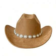 Women's Felt Cowgirl Hat Wide Brim Jazz Cap Stylish Pearl Chain Design Western Hat For Daily Life  Party - Nhiều màu - Xem 6
