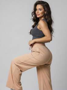 Wide Leg Pants With Flare Leg, Sophisticated Fit, Structured Style, High , Contemporary, Casual, Comfortable, Modern, Chic - Straw - View 6