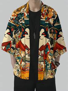 Men's Casual Fashionable Cardigan With Kimono Print Top, Clothing - Coral Orange - View 3