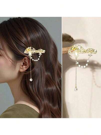 Fermaglio per capelli stile cinese con perle e nappe, fermaglio a forma di ventaglio con fiore di rosa per frangia, fermaglio laterale, accessorio per capelli, regalo per la fidanzata, pinze per capelli