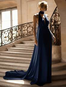 Basrey 新款优雅白色吊带深V领高腰修身露背缎面鸡尾酒会美人鱼长裙，适合婚礼、派对、招待会、情人节及其他场合。 - 藏蓝色 - 查看 6