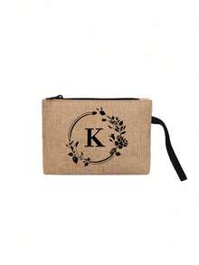 1 pieza Bolsa con cremallera de lino con estampado de letra, patrón de letra floral de moda, monedero, bolsa de cosméticos, regalo para mujeres, maestras, organizador de viaje: perfecto para exteriores y belleza, adecuado para mujeres, madres, amigas, damas de honor, estudiantes, vuelta al colegio, maestras - Caqui - Ver 29