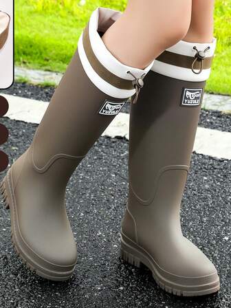 Women's Elastic Waist Rain Boots, Fashionable Thick Sole Anti-Slip Waterproof Boots, Durable Ankle-High Outdoor Water Shoes