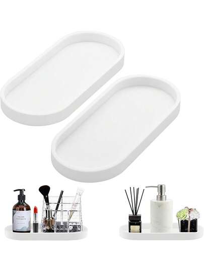 2/Pcs Bathroom Vanity Decorative Storage Tray, High-Quality Silicone Tray, Oval Shape, Suitable For Storing Cosmetics, Perfumes, Lipsticks And Aromatherapy Products In The Bedroom; Bathroom Countertop Storage; Living Room Desktop Storage; Bathroom Art Decoration Display Tray; Student Dormitory Storage Tray; Bathroom Tray.