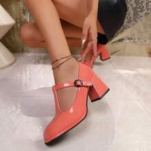 Women's High Heels, Women's Thick Heels, Women's Shiny Thick Heels, Comfortable And Easy To Wear, Multiple Colors Available, Suitable For Daily Leisure, Commuting, Dance Party Shoes, Adjustable Instep Strap, Local Warehouse Delivery - 珊瑚橙 - 查看 4