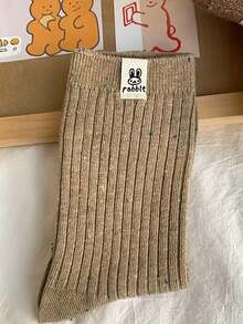 5 pares de nuevos calcetines de media caña casuales y gruesos de estilo retro con patrón de etiqueta de conejo colorido y lindo para otoño/invierno - Multicolor - Ver 3