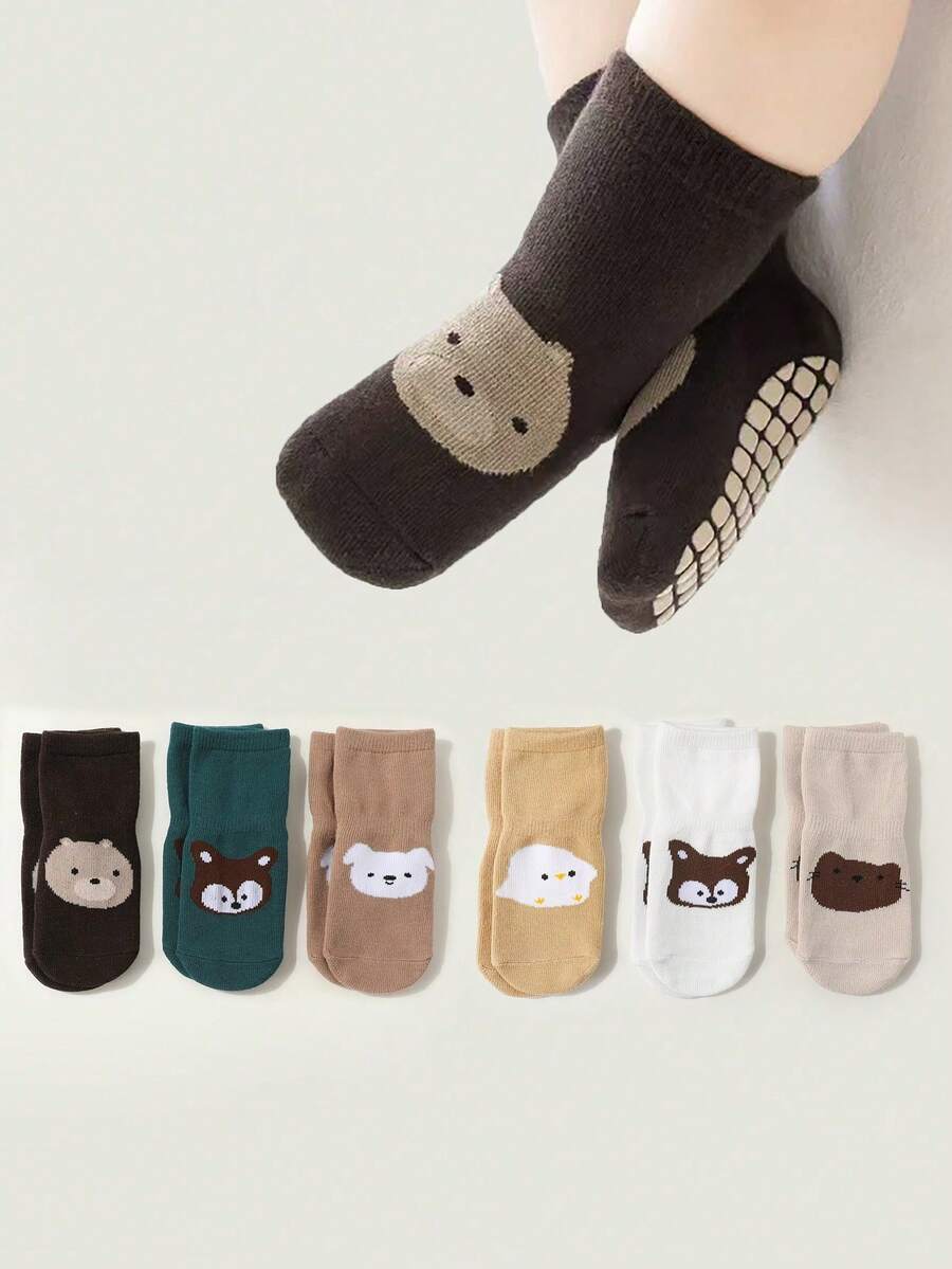 6 pares de calcetines antideslizantes con estampado de dibujos animales para bebés y niños, para primavera y otoño, para niños y niñas