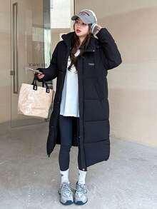 羽绒棉长袖连帽宽松及膝女式羽绒服 - 黑色 - 查看 1