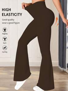 Quần ống loe cạp cao mùa hè dành cho nữ, quần legging yoga bó sát màu trơn, quần thể thao nén thoải mái hàng ngày. - màu nâu - Xem 2
