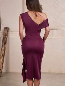 CurvySweet Fashionable Classic Elegant Asymmetric Off-Shoulder Ruffle Drape Fitted Midi Dress, Party Dress - Burgundy - View 12