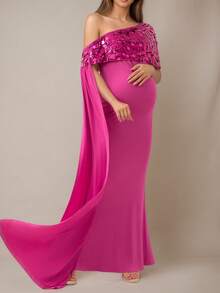 拼接纯色不对称/不对称亮片拼接拉链正式晚礼服孕妇装