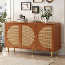 Sideboard With 3 Rattan Verzierten Türen Kommode Highboard Mit Metallgriffe, Für Schlafzimmer & Wohnräume & Büro, Nussbaum 129.8x 40x 76cm - 紅木色 - 查看 1