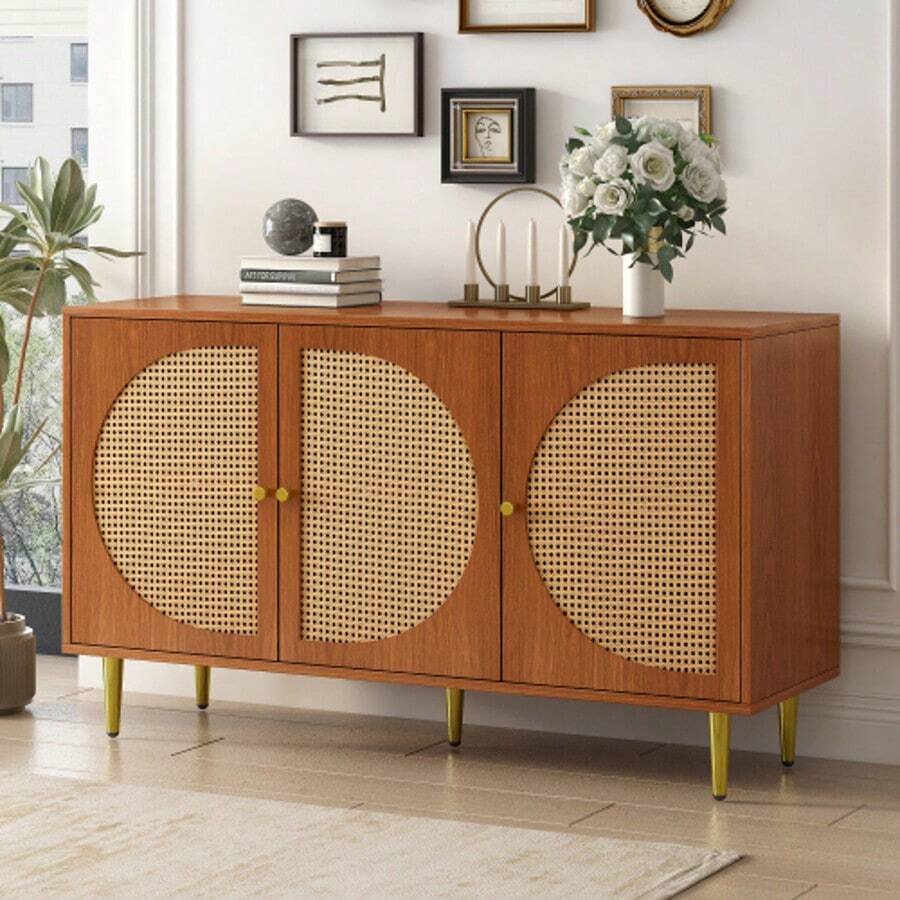 Sideboard With 3 Rattan Verzierten Türen Kommode Highboard Mit Metallgriffe, Für Schlafzimmer & Wohnräume & Büro, Nussbaum 129.8x 40x 76cm - 紅木色 - 查看 1