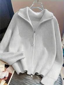 女士秋冬拉链开衫，中东风格宽松罗纹针织毛衣，柔软长袖休闲外套，适合圣诞派对 - 淺灰色 - 查看 5