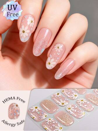 16片装UV免胶美甲贴纸，甜美柔和的半透明浅粉裸色花朵星星闪钻水晶美甲贴纸，柔和的配色搭配精致的花朵星星设计，沙龙品质，低过敏性，易于粘贴和卸除，女士和女孩日常社交约会派对DIY时尚美甲用品