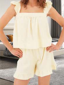 Women Striped 2 Piece Outfits Square Neck Flying Sleeve Tops Loose Tank Tops Ruffle Trim Shorts Pj Set Sleepwear For Spring Summer Causal Daily - Yellow - View 1