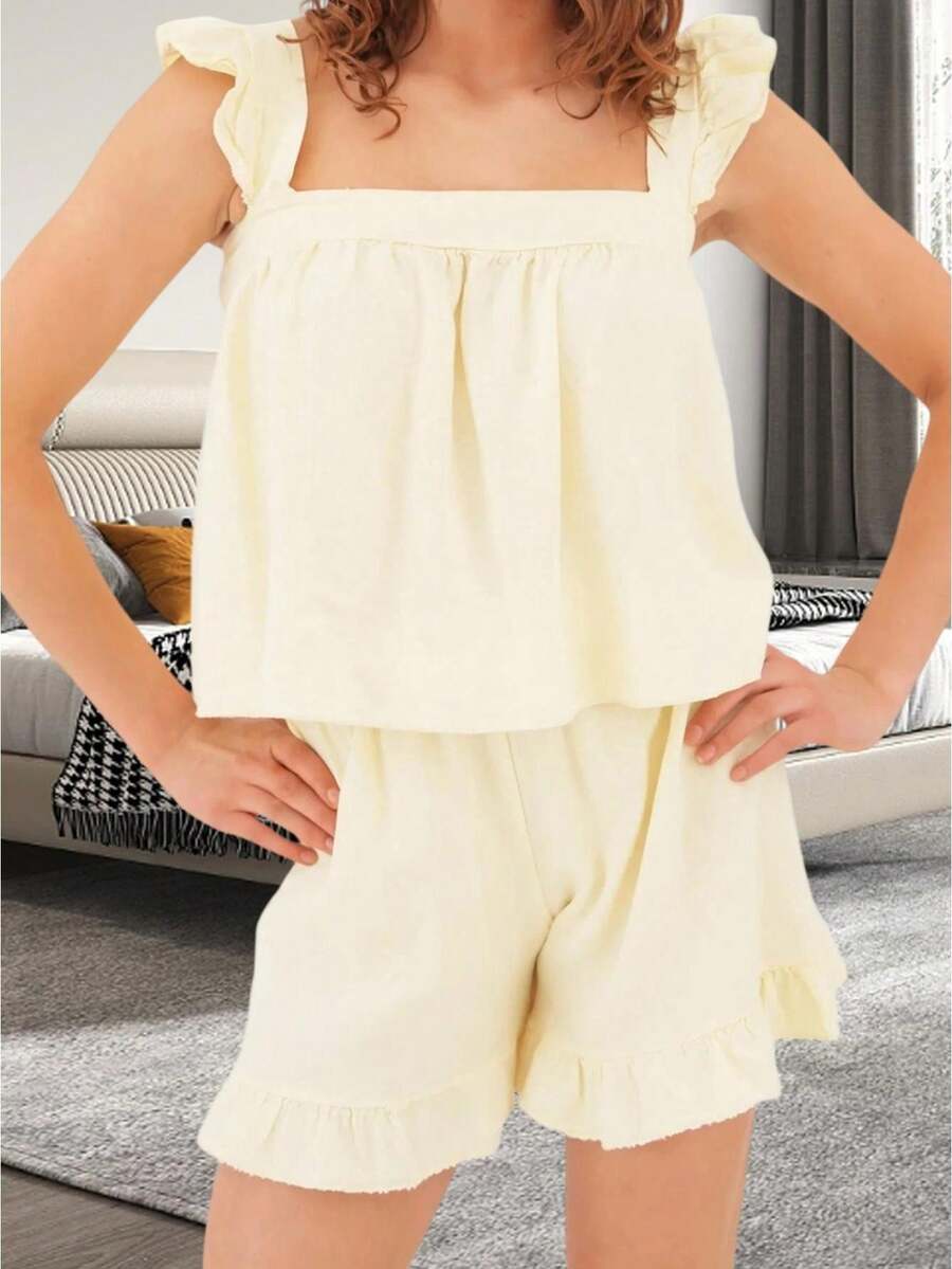 Women Striped 2 Piece Outfits Square Neck Flying Sleeve Tops Loose Tank Tops Ruffle Trim Shorts Pj Set Sleepwear For Spring Summer Causal Daily - Yellow - View 1