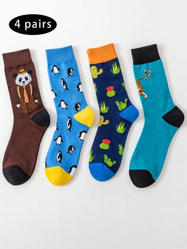 4 Pares de Meias Longas Estilo Novo de Outono/Inverno, Meias Personalizadas Abstratas para Casais, Estilos Europeu e Americano