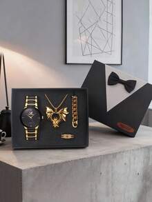 4pcs/Set Men's Quartz Watch & Jewelry Set, Fashionable Luxury Alloy Material Steel Strap Bat Necklace Jewelry, Suitable For Daily Matching, Birthday, Gift For Men, Anniversary, Year-End Promotion, Singles Day, Halloween, Christmas Holiday Gifts - Multicolor - View 3