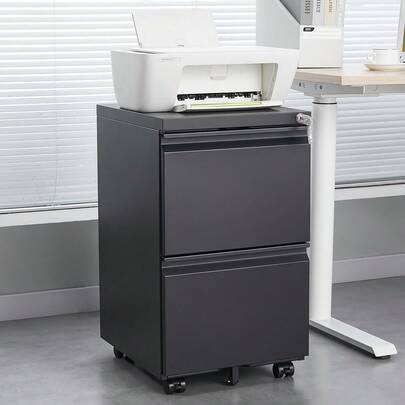 Afsluitbare archiefkast met 2 laden, metalen rolkast voor onder het bureau, geschikt voor A4-formaat, geschikt voor thuiskantoor, mobiele archiefkast, montage vereist, zwart